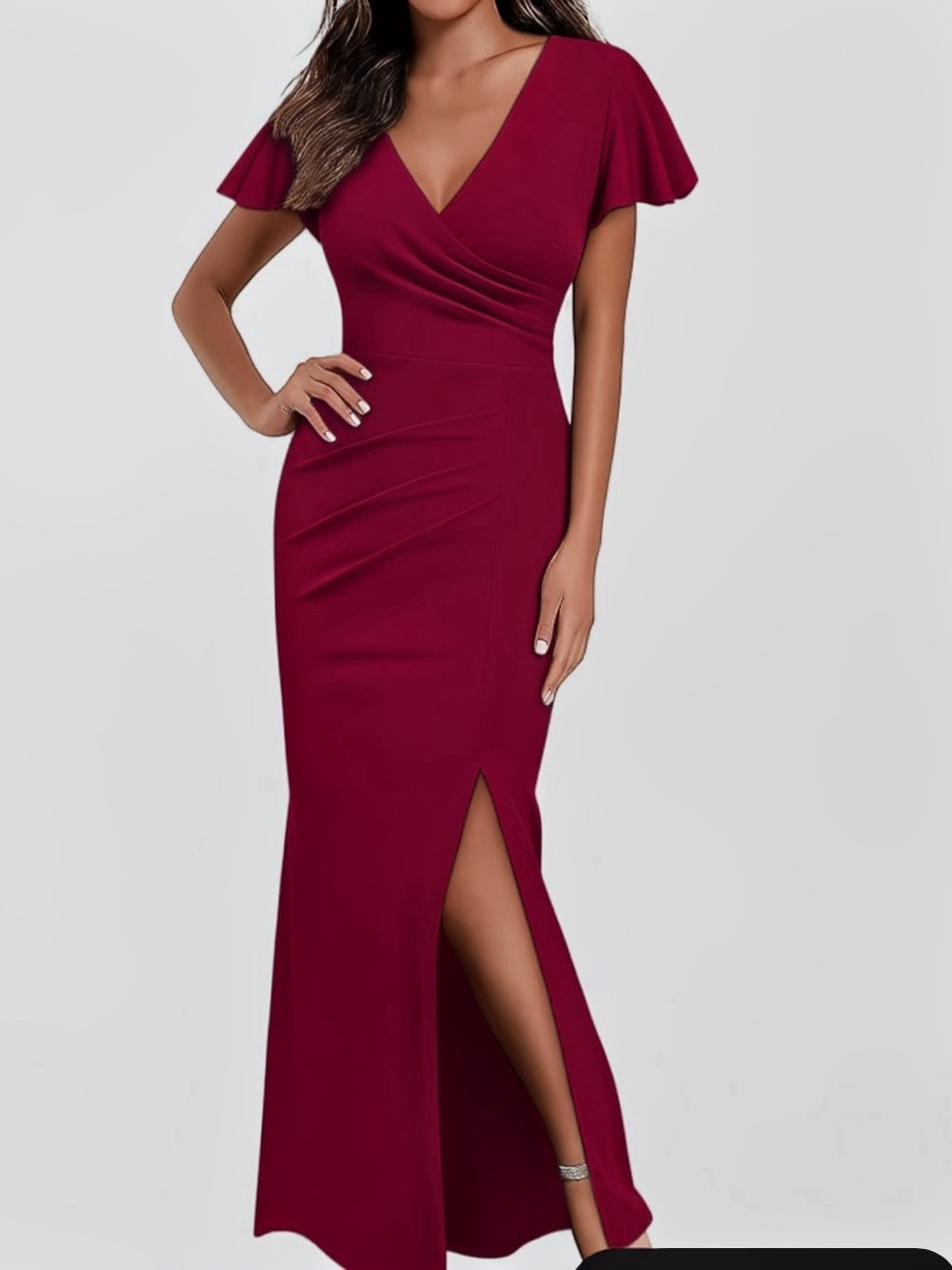 Miusol Burgundy V-Neck Maxi Dress with Side Slit